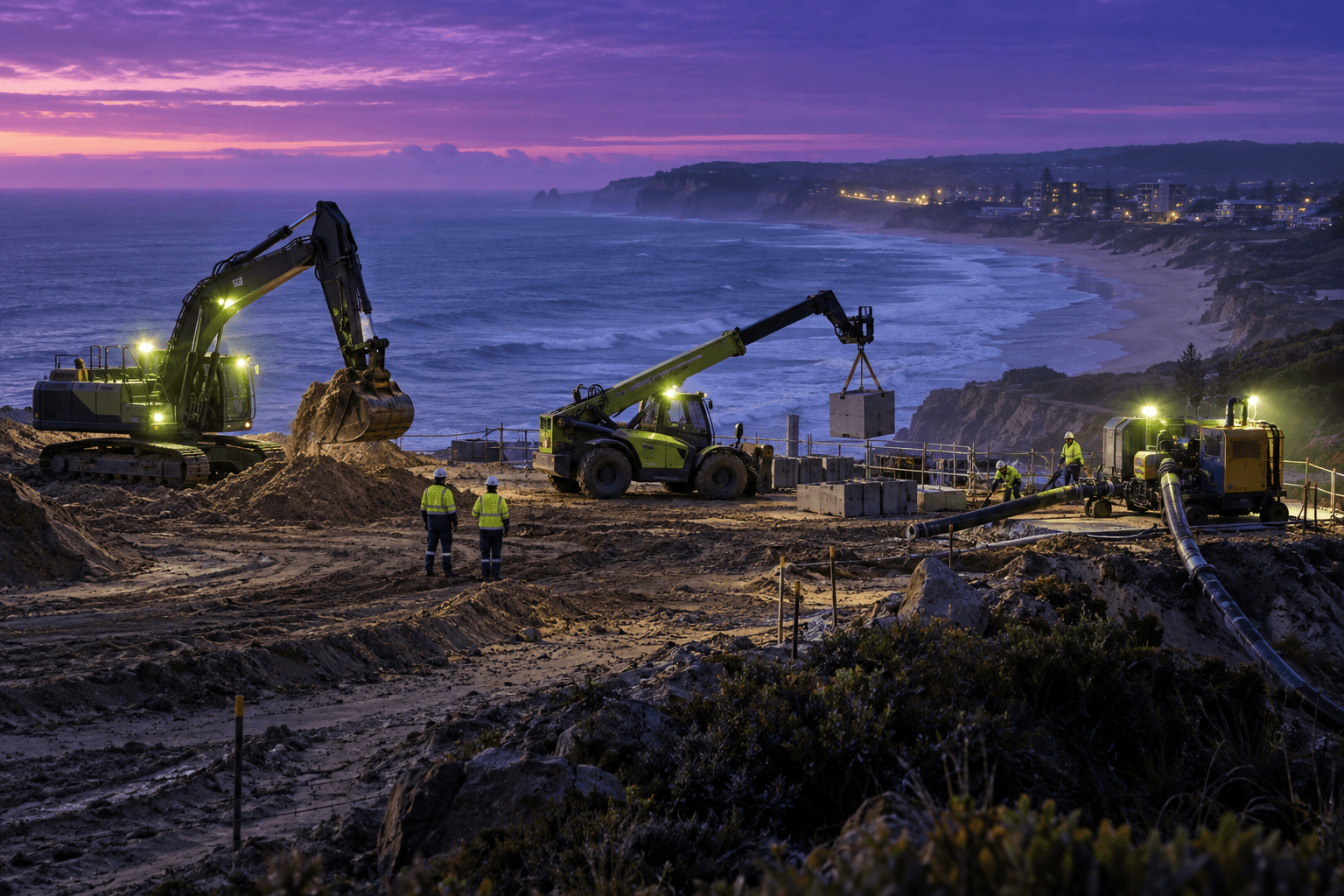Coastal Australian plant hire services at pre-dawn